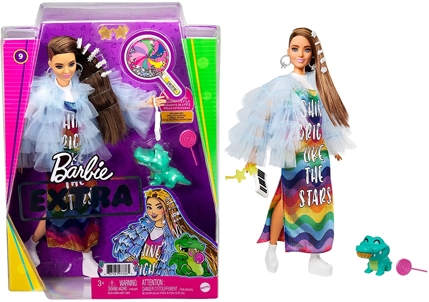 Кукла Барби Экстра в голубом жакете и домашним крокодилом Barbie Extra Doll #9 in Blue Ruffled Jacket with Pet Crocodile (GYJ78)